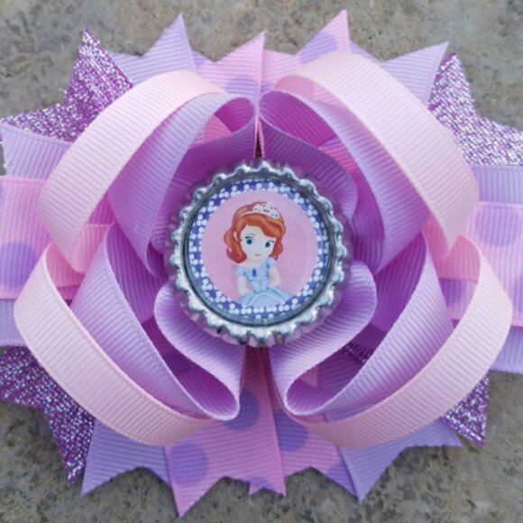 Sofia The First Disney Princess Pink Lavender Bottle Cap Hair Bow 5" - Picture 1 of 1